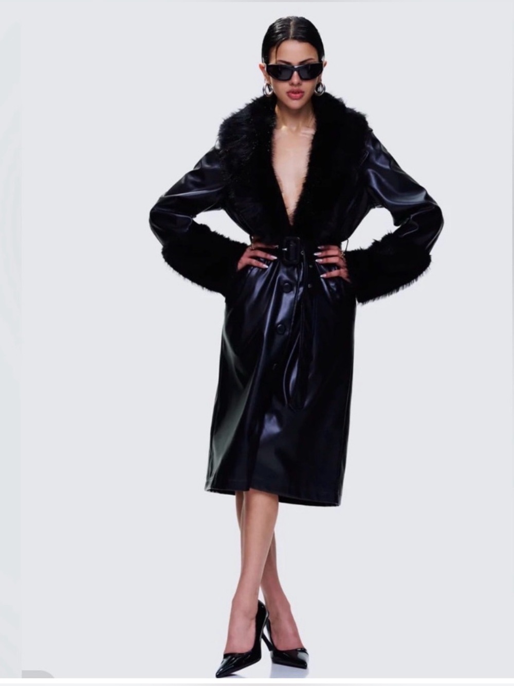 NWOT Finesse Black Faux Leather Trench Coat w/ Faux Fur Trim – Size L